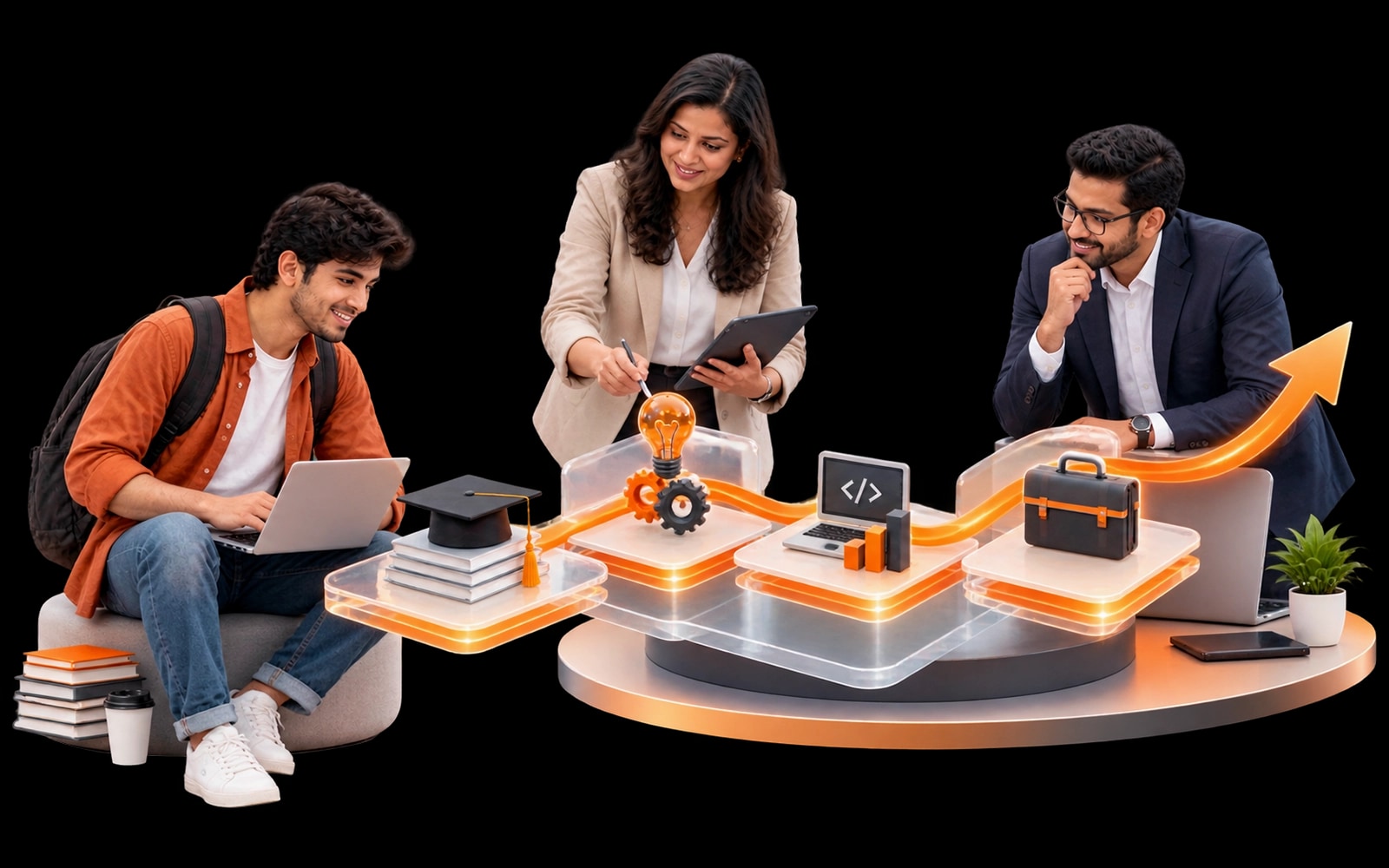 A student with a laptop, a trainer with a tablet and a corporate professional gathered around a lit platform carrying a graduation cap, a code screen and a briefcase