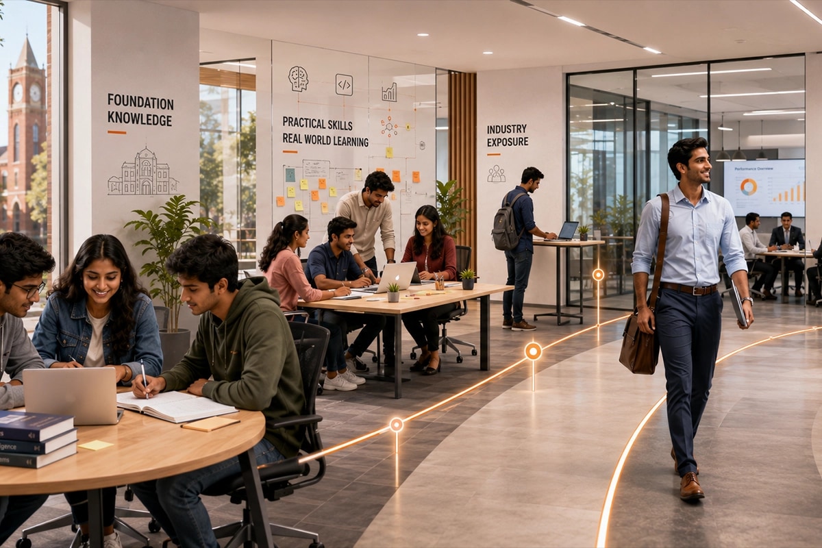 Students studying and collaborating across an open campus space, with a lit path running from foundation knowledge through practical skills to industry exposure