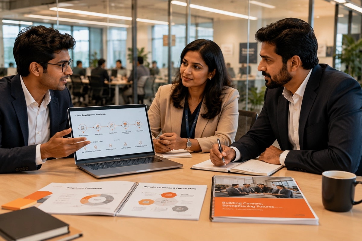 Three colleagues around a boardroom table reviewing a talent development roadmap on a laptop, with programme framework documents open in front of them