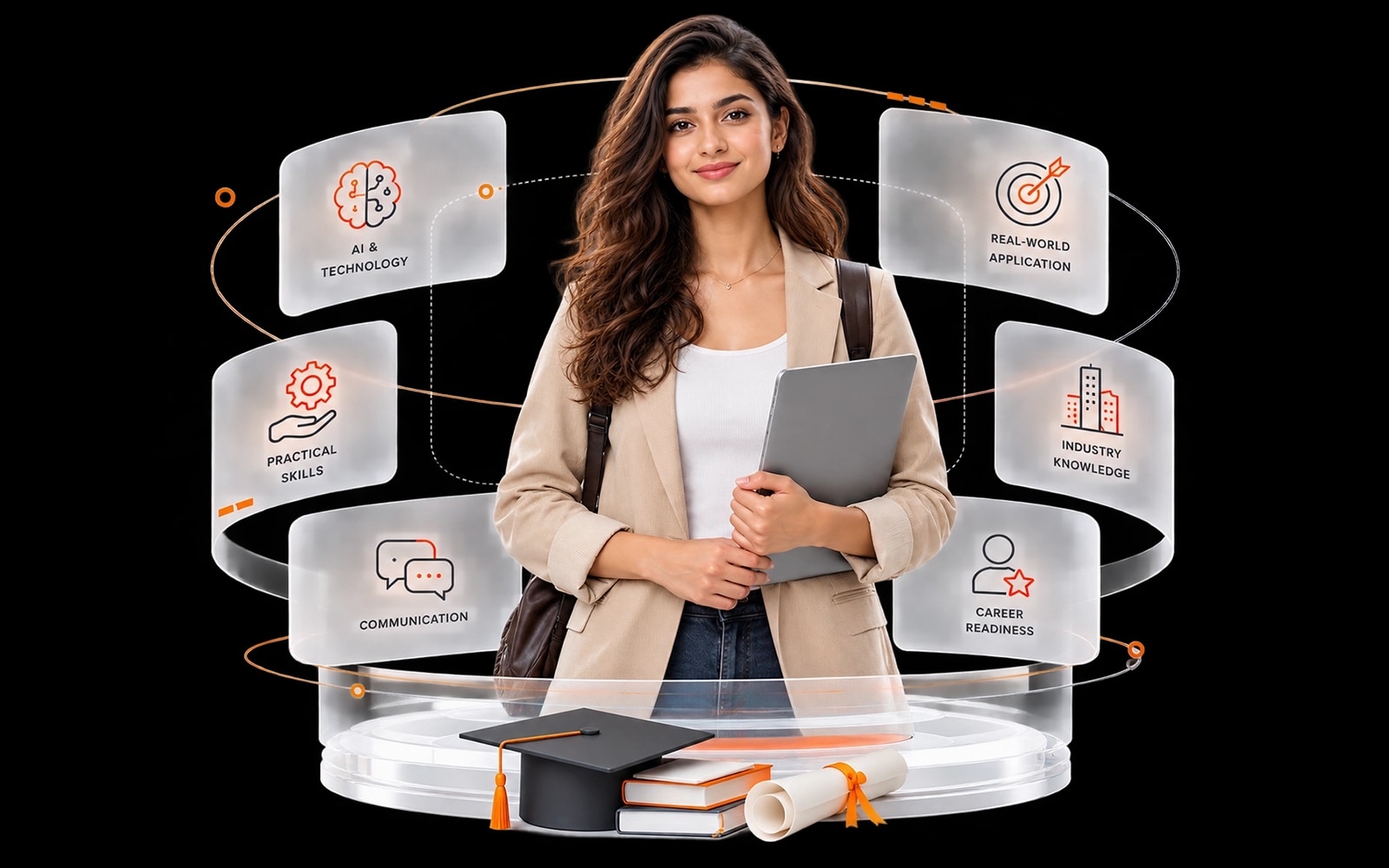 A graduate holding a laptop, ringed by the six capabilities the Academy layer adds — AI and technology, real-world application, practical skills, industry knowledge, communication and career readiness