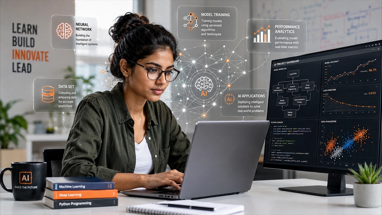 A student working at a laptop beside a monitor showing an AI project dashboard, with model accuracy and loss charts on screen