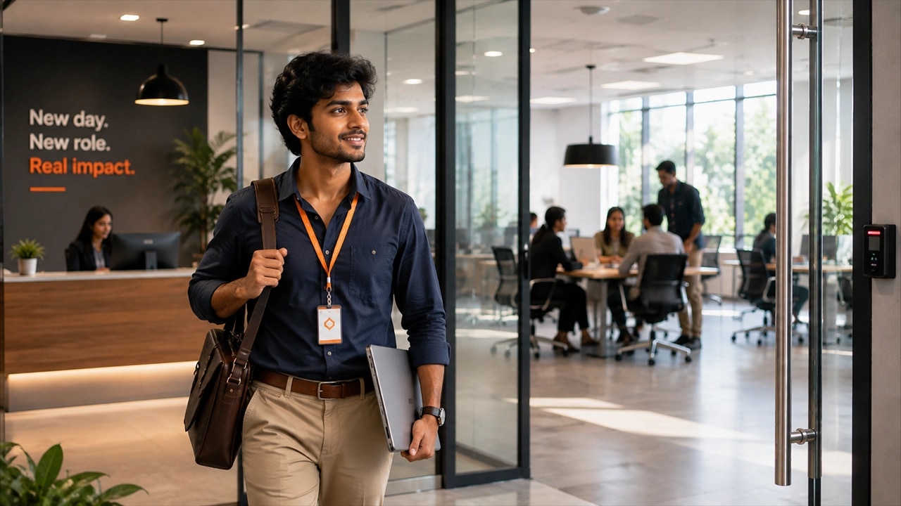 A young man arriving at an office on his first day, laptop under his arm and an ID lanyard around his neck