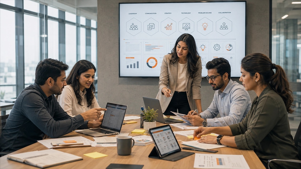 A trainer leading five colleagues through a workshop, a screen behind her listing leadership, communication, strategy, technology, problem solving and collaboration