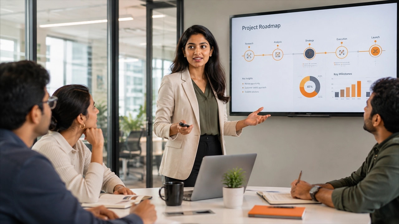 A woman presenting a project roadmap on screen to four colleagues around a meeting table