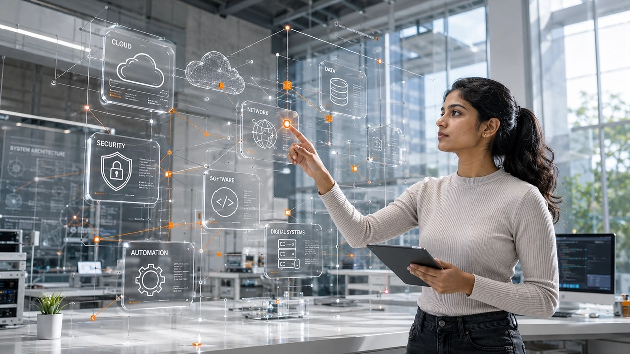A student reaching towards a projected systems diagram covering cloud, security, software, automation, networking and data